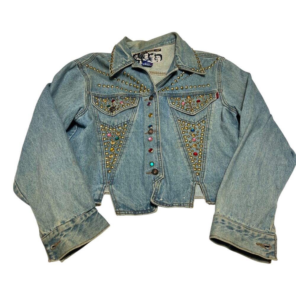 Vintage 80s Gazoz Bedazzled Beaded Jean Blue Denim Jacket Large MADE IN USA